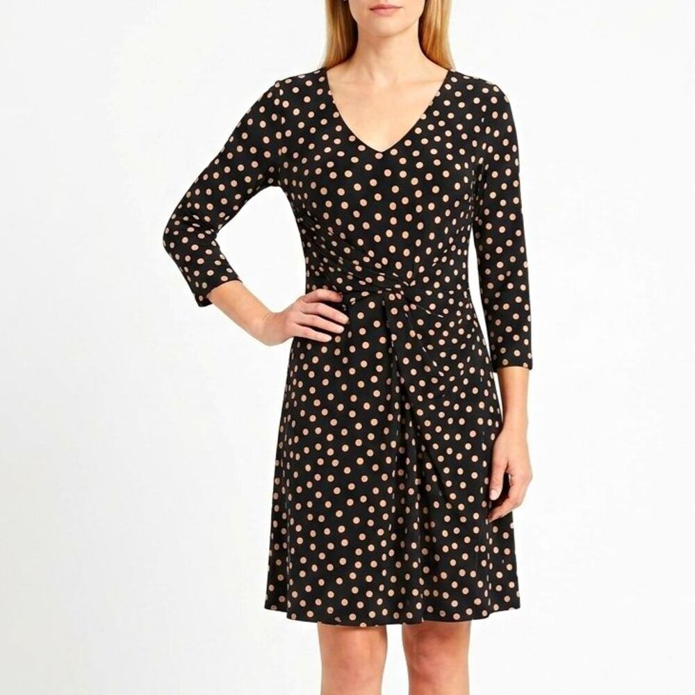 Metaphor Womens Dress M Black Pink Polka Dot V-Neck Ruched knot front 3/4 Slv